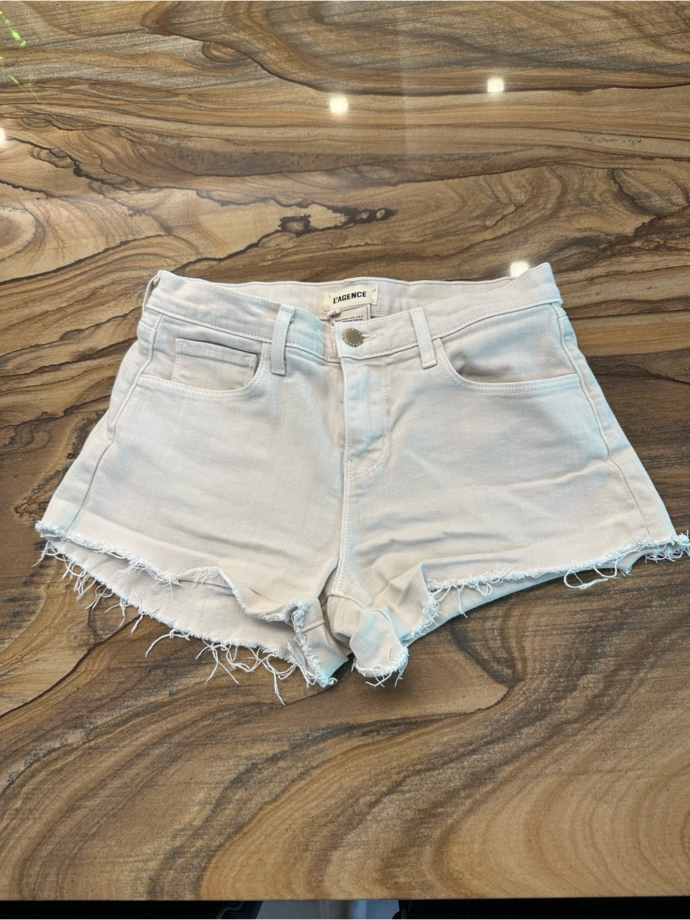 L'AGENCE Zoe Khaki/ Stone Denim Jean Shorts, 25